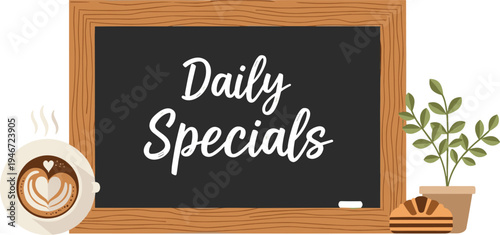 Cafe chalkboard daily specials menu with coffee cup bread plant wooden frame restaurant bakery vector illustration design