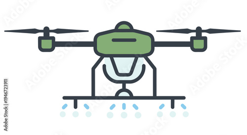 Agricultural drone spraying crops from above with a simplified illustrative style