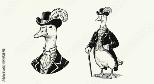 Elegant Geese Dressed in Vintage Formal Attire.