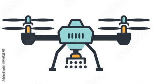 Illustration of a teal and black quadcopter drone with landing gear