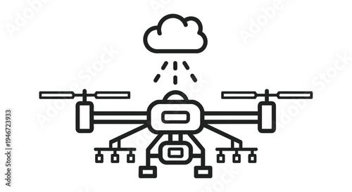 Line art illustration of a drone with a camera emitting signals to a cloud