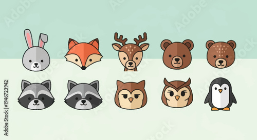 Collection of Cute Cartoon Animal Faces in a Row.