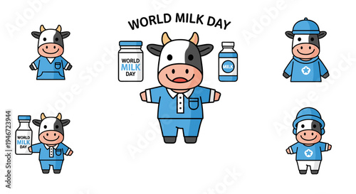 World Milk Day Cow Mascot Icon Collection Cute Dairy Character Illustration