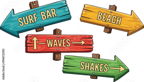 Colorful wooden beach direction signs with surf bar waves shakes arrows tropical summer travel cartoon vector illustration set