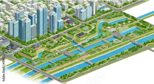 Modern Cityscape with Green Spaces and Waterways - Aerial Isometric View