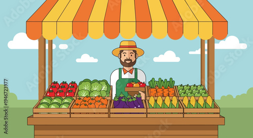 Local Farmers Market Stall Illustration Featuring Farmer Selling Fresh Organic Vegetables Under Colorful Market Tent Representing Sustainable Agriculture, Farm To Table Food Supply, Healthy Organic Pr