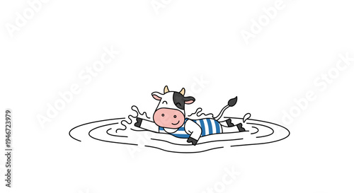 Funny Cow Splashing in Milk Cute Dairy Illustration