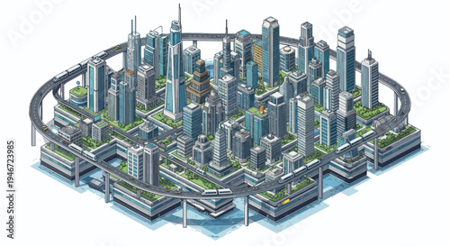 Tableau sur toile Futuristic Isometric Cityscape with Monorail and Skyscrapers