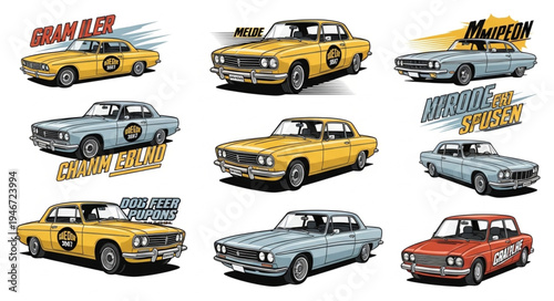 Collection of Vintage Cartoon Cars with Racing Themes and Graphics.