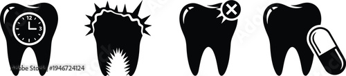 Tooth pain and dental problem icons set cavity infection treatment medicine dentistry care concept flat vector illustration