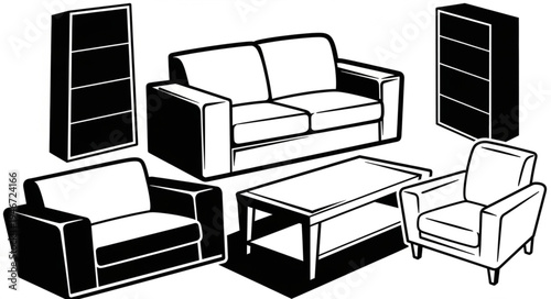 Living room furniture set including sofa armchairs coffee table and bookshelves.