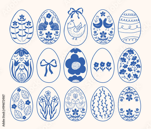 Set of Doodle hand drawn Easter eggs with flowers, bunnies, chickens, birds and bows. Whimsical decorative elements for greeting cards, prints. Vector illustration