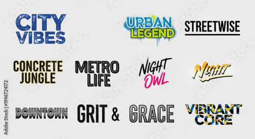 Urban-themed typography collection featuring phrases like City Vibes, Urban Legend, and Streetwise, capturing the essence of city life and culture in various st