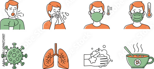 Set of health and flu prevention icons featuring sick characters with symptoms like coughing sneezing and fever along with virus lungs and hand washing in cartoon style.