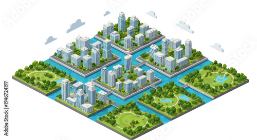 Isometric city with canals, parks, and modern buildings. Urban landscape.