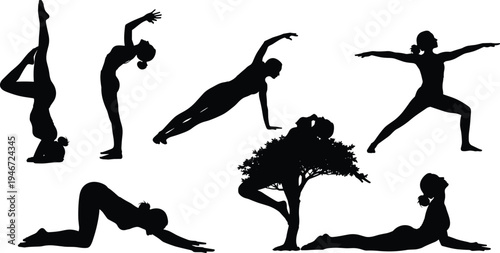 Yoga poses silhouette collection women practicing fitness balance stretching meditation healthy lifestyle exercise activity flat vector illustration set