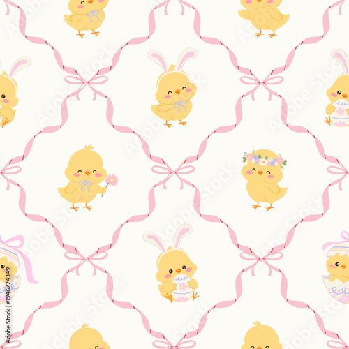 Seamless Easter pattern with cute yellow chicks wearing bunny ears pink ribbons and bows in hand drawn doodle style. Vector nursery background for wrapping paper textile and festive decor