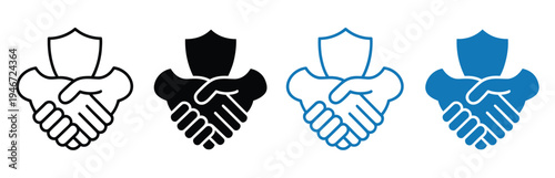 Handshake with shield line and solid icon set, modern vector collection for trust building, legal agreements