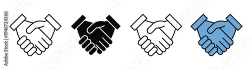 Handshake with shield line and solid icon set, trust, security, and partnership symbol collection