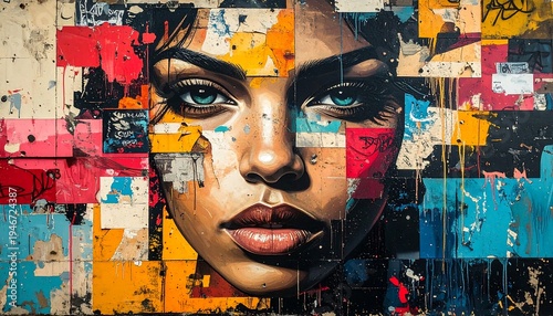 Woman face in colorful mosaic art background closeup