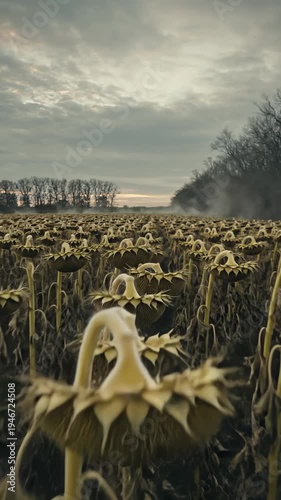 Withered Sunflower Field Under Cloudy Sky