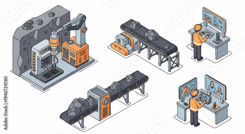 Isometric Industrial Factory Machinery and Control Panels.