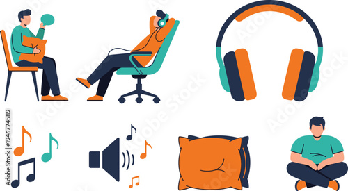 Set of relaxation and audio icons featuring characters listening to music headphones speaker and pillows in colorful flat cartoon style for wellness and leisure design.