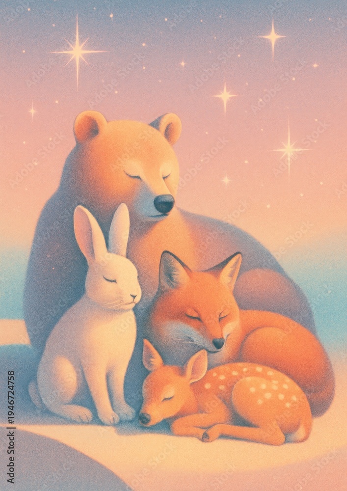 Fototapeta premium Dreamy animals under starlit sky.