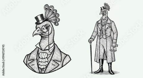 Steampunk Peacock Gentleman Portrait and Full Body Illustration.