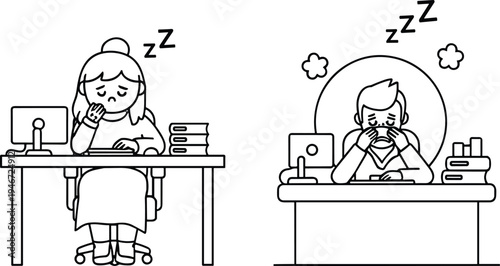 Tired office workers sleeping at desk with computer, late night overtime fatigue, workplace stress burnout concept cartoon line vector illustration