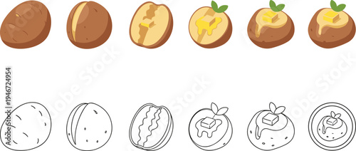 Baked potato variations with butter and herbs roasted potato food icon collection flat vector illustration set