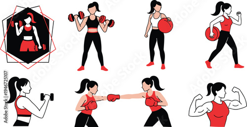 Female Fitness Training and Workout Exercise Set with Woman Lifting Dumbbells, Boxing Practice, Strength Training and Active Lifestyle Vector Illustration