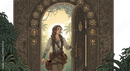 A man stands in an ornate doorway leading to a tropical paradise.