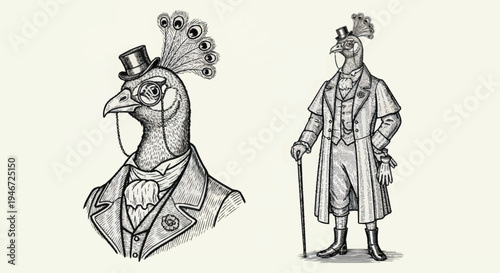 Anthropomorphic Peacock Dressed in Victorian Gentleman Attire.