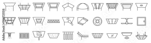 Ceiling architecture doodle collection with clean outline line drawing. Dome ceiling, skylight opening, acoustic panel, ventilation grille, paint roller. Technical interior elements.