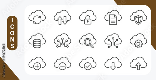 Cloud service and network line icon set with database and online storage outline vector symbols.