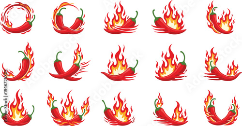 Burning red chili pepper collection spicy hot food flames cartoon style flat vector illustration set