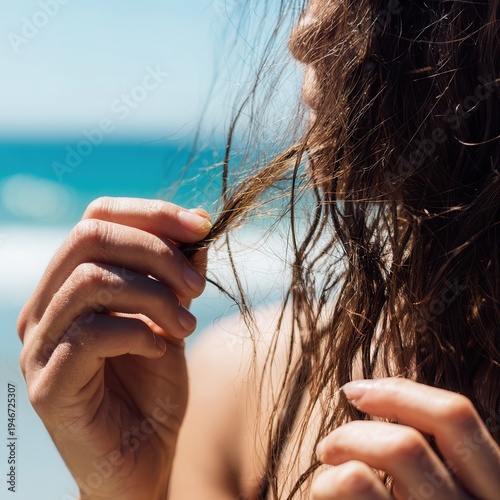 woman on beach examining rough salt water textured hair strands after swimming 