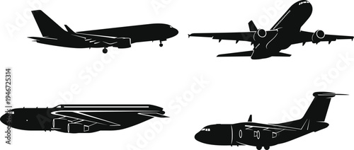 PrintAirplane silhouette icons collection, aviation aircraft design set, commercial jet cargo military transport plane illustration graphics