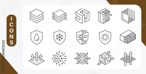 Fabric feature line icon set with layered materials outline vector icons.