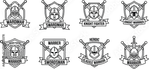 Medieval Knight Warrior Badge Set with Helmet and Crossed Swords, Heraldic Shield Emblems, Fantasy Warrior Crests and Vintage Line Art Vector Collection