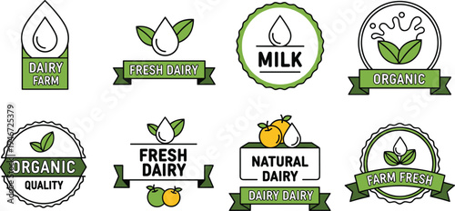 Organic Dairy Farm Badge and Label Set with Milk Drop Symbols, Fresh Farm Quality Seals, Natural Dairy Product Packaging Vector Illustration Collection
