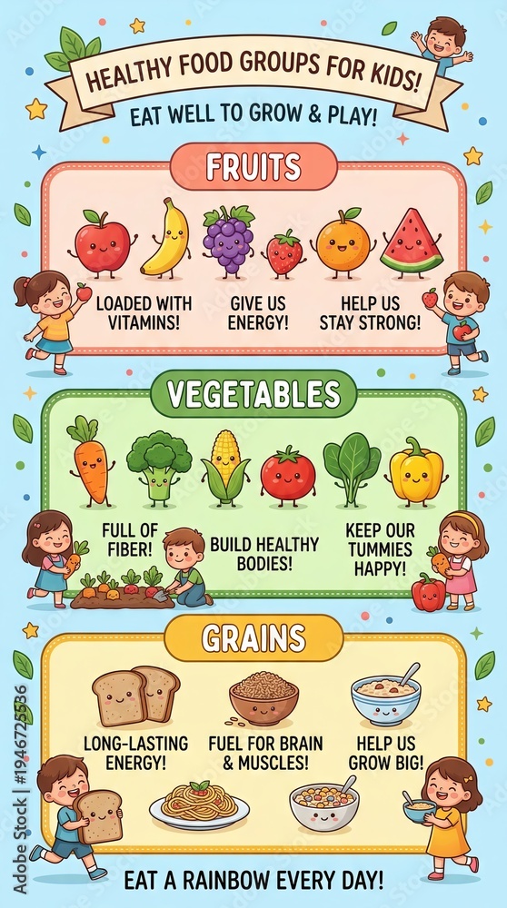 Obraz premium Healthy food groups for kids infographic.
