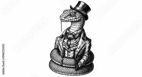 Elegant Snake Wearing a Top Hat and Suit Illustration.