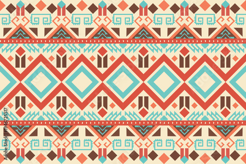 Seamless geometric tribal pattern with colorful diamond shapes, stripes, and abstract motifs in retro tones. Decorative repeating design ideal for textiles, wallpaper, packaging, backgrounds, and surf