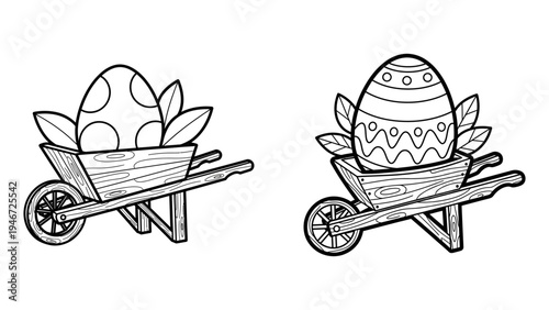 Easter egg in wooden wheelbarrow with leaves line art illustration coloring page for kids