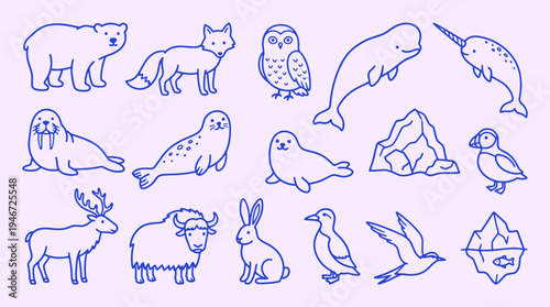 Arctic animals doodle collection with clean outline line drawing. Polar bear, fox, owl, narwhal, walrus, puffin, iceberg. Cute northern wildlife elements for coloring pages nature themed design.