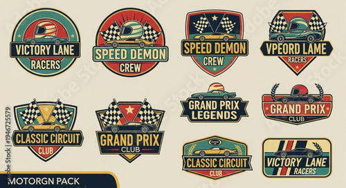 Collection of Vintage Racing Logos and Emblems with Classic Cars.