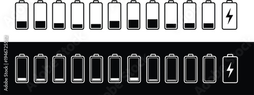 Battery level indicator icons set, charging status symbols collection, smartphone power energy signs, low to full battery progress illustration