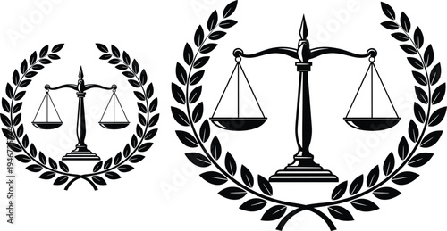 Justice scales with laurel wreath emblem, law and legal balance symbol, court authority badge, judicial fairness concept illustration